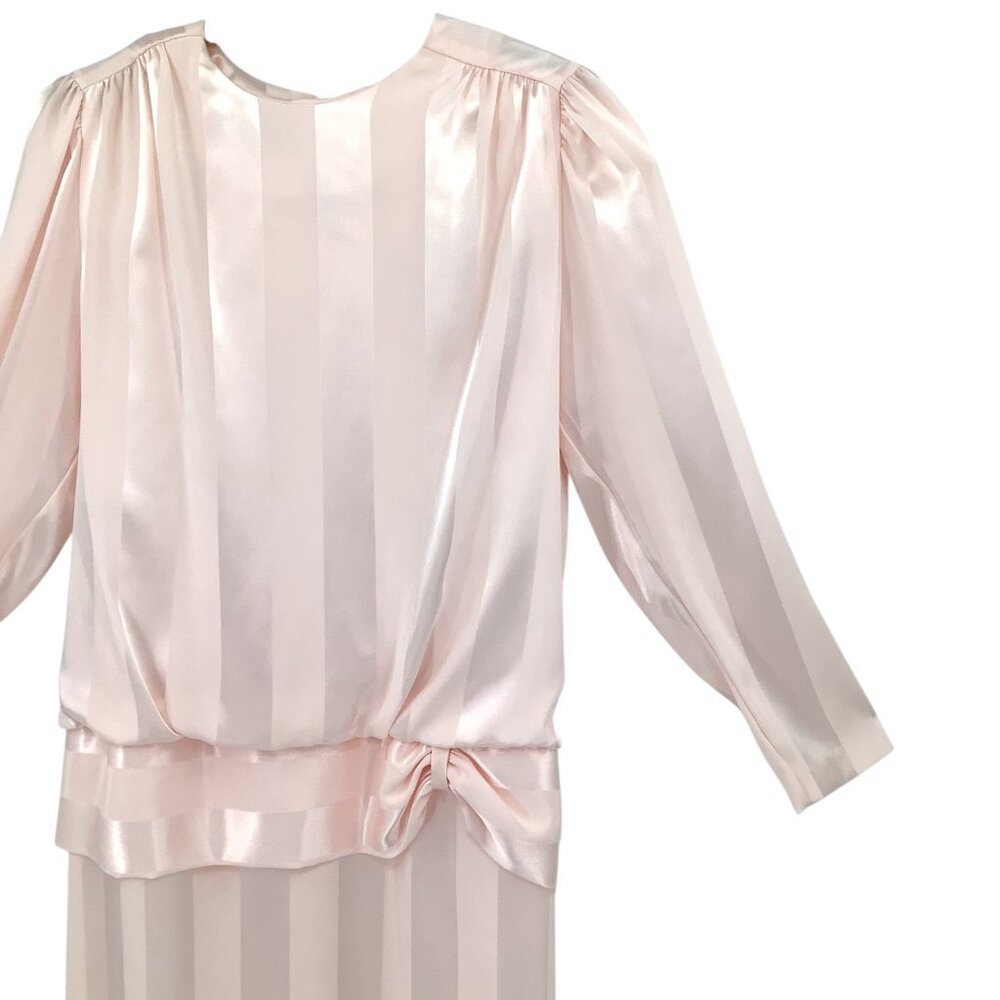 Alexis Women's Pink 11/12 Satin Stripe Blouson Puffed Shoulder Dress 80’s Vtg - Picture 3 of 9